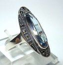 Silber Jugendstil Ring mit ovalem Aquamarin & handgefassten Markasiten – 925 Sterling Silber