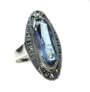 Silber Jugendstil Ring mit ovalem Aquamarin & handgefassten Markasiten – 925 Sterling Silber