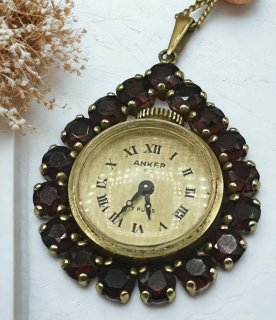 Vintage Meister Anker Anhängeruhr – 250 Gold mit böhmischem Granat & 925 Silberkette