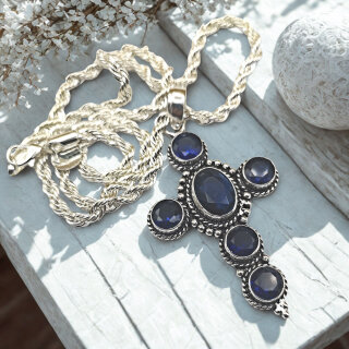 Vintage Kreuzanhänger 925 Silber mit blauen Tansanit Steinen – Südwest & Byzantinischer Stil mit Kordelkette