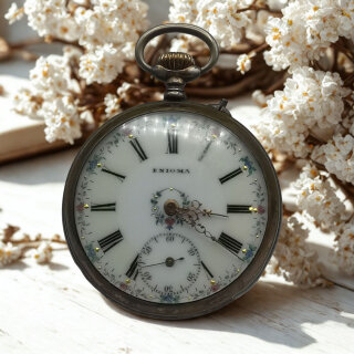 Antike Silber-Taschenuhr ENIGMA – Emaille-Zifferblatt mit Blütendekor – Schweiz um 1910