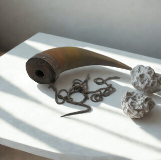 Antikes Bodenlader-Pulverhorn mit Eisenkette – um 1800